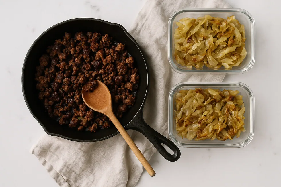 A cast iron skillet of browned seasoned ground beef beside two glass meal-prep containers of sauteed cabbage, batch-cooked on a marble counter