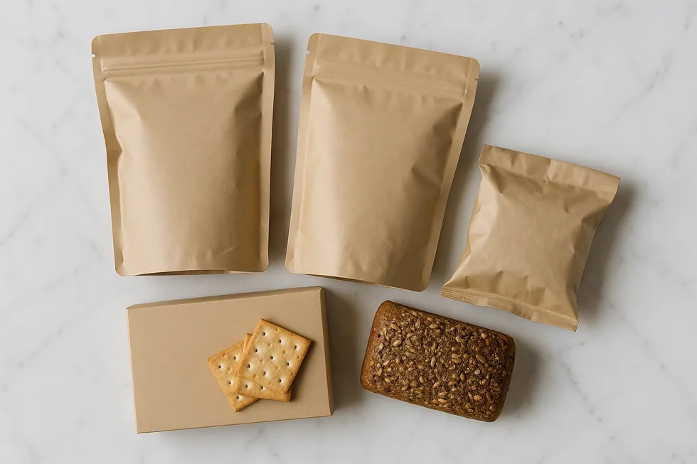 Plain unbranded bags and boxes of almond flour, coconut flour, crackers and low-carb bread on a marble counter