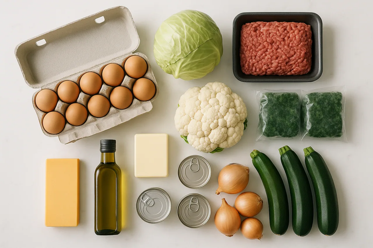 Cheap low-carb groceries laid out on a counter: eggs, cabbage, ground beef, cauliflower, frozen spinach, canned fish, cheddar, butter, olive oil, zucchini and onions