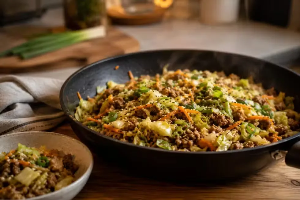 Low-carb egg roll in a bowl cooked in a skillet with ground pork, cabbage, carrots and green onions