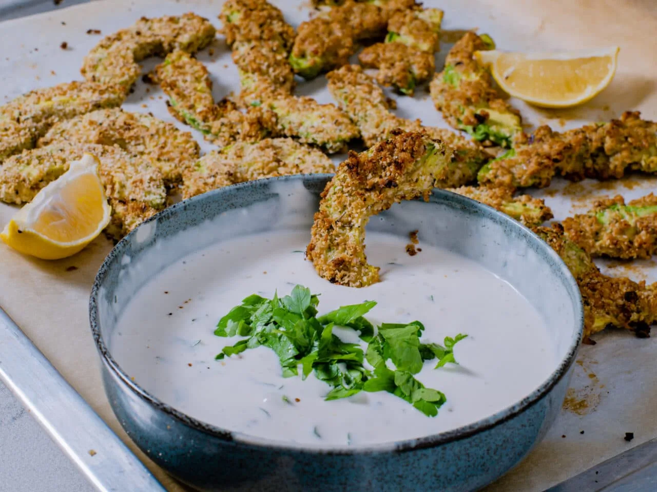Garlic-Parmesan Baked Avocado Fries with Lemon Dip