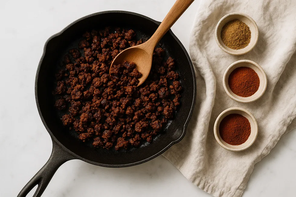 Taco-seasoned ground beef browning in a cast iron skillet