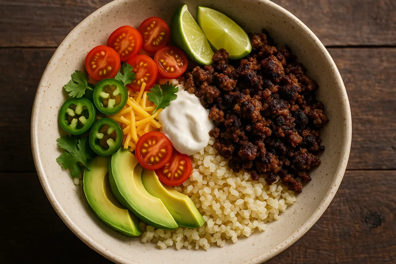 A low-carb taco bowl of cauliflower rice topped with seasoned ground beef, avocado, cherry tomatoes, cheddar, jalapeno and a spoonful of sour cream