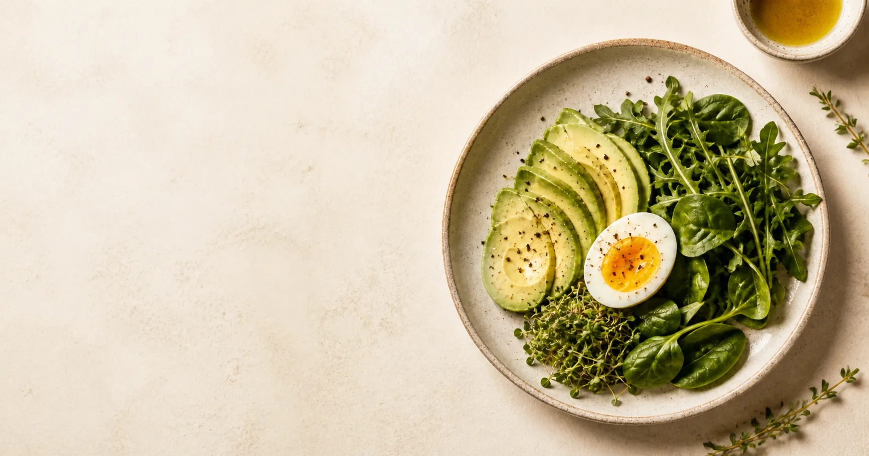 Fresh low-carb bowl with avocado, leafy greens, egg and sprouts