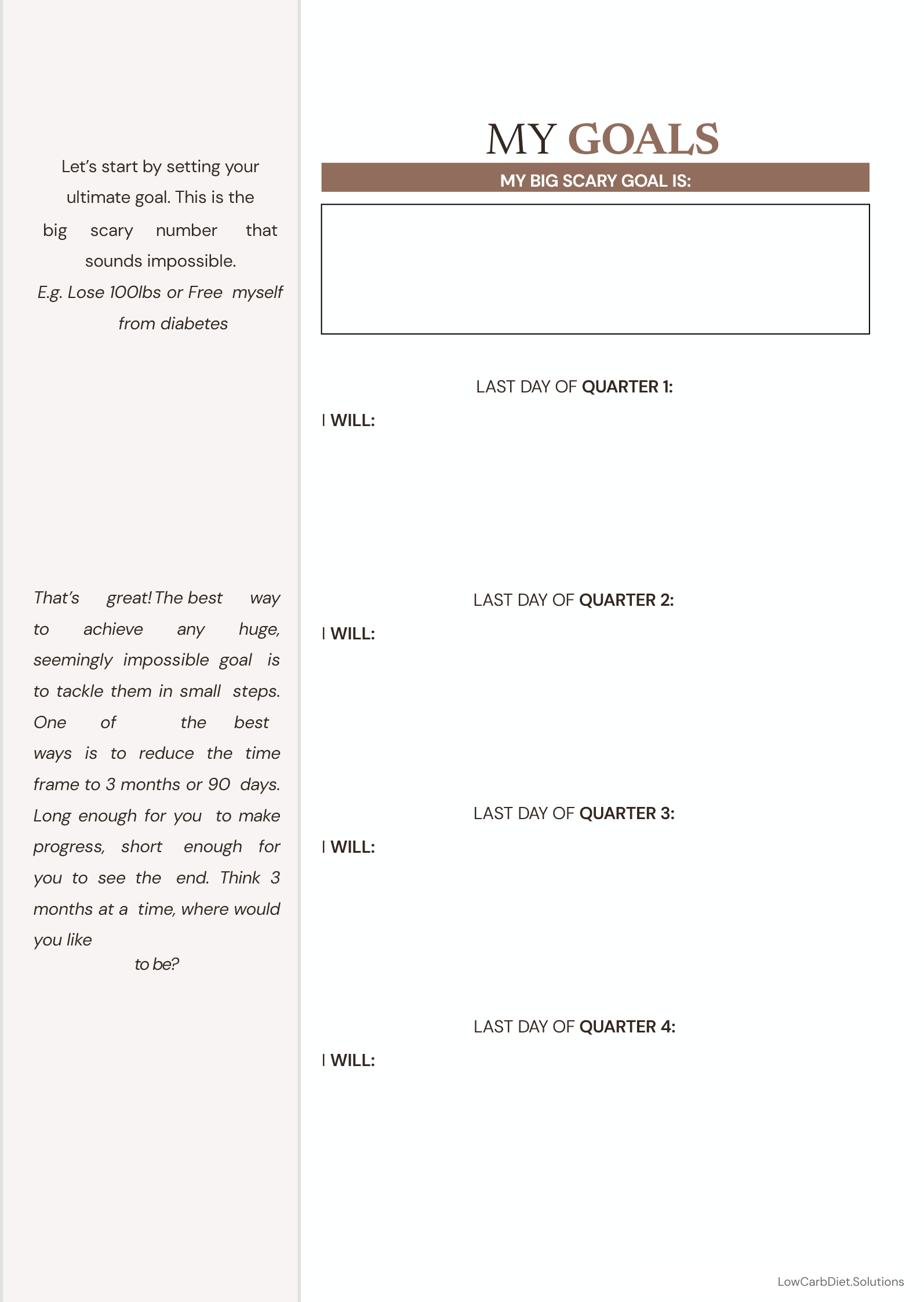 My Goals workbook page