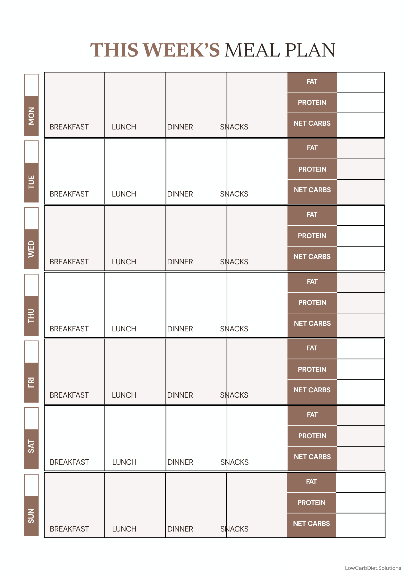 Weekly meal plan workbook page