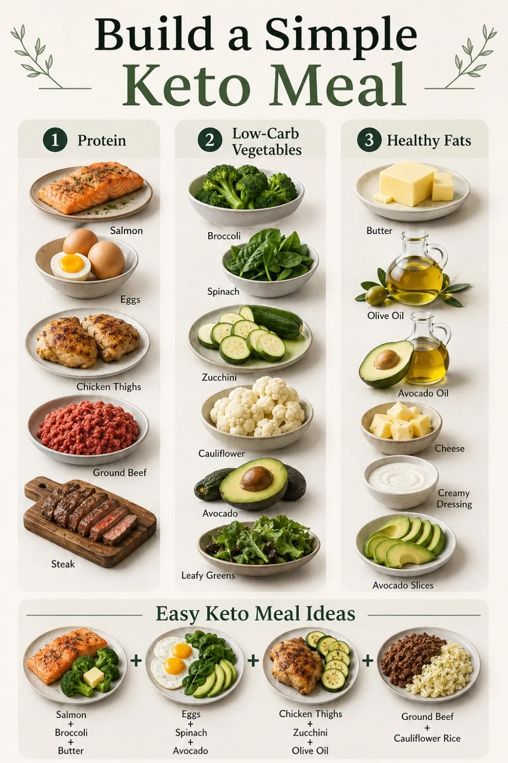 Build a Simple Keto Meal infographic showing keto proteins, low-carb vegetables, healthy fats, and easy keto meal ideas for beginners