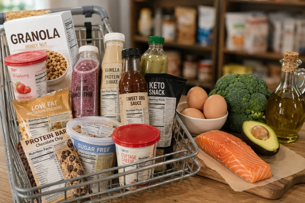 Processed foods and misleading healthy snacks beside real keto-friendly foods that can quietly sabotage keto progress