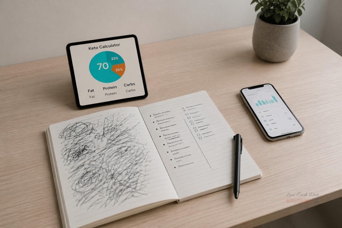 keto calculator with notebook showing messy vs organised tracking notes and smartphone analytics on desk