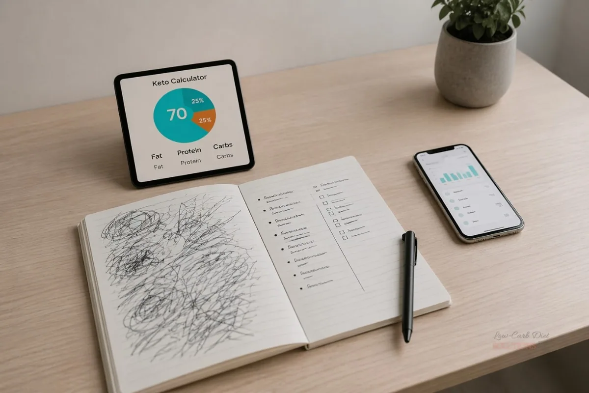 keto calculator with notebook showing messy vs organized tracking notes and smartphone analytics on desk