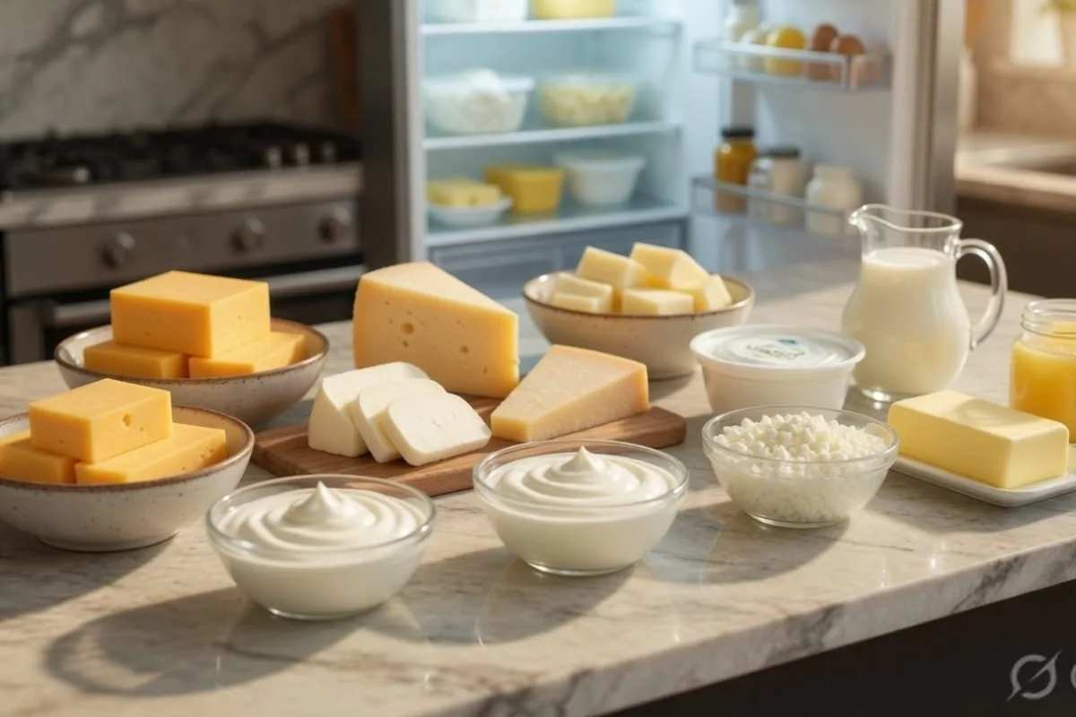Keto dairy options including cheese, Greek yogurt, cottage cheese, butter, heavy cream, cream cheese, and ghee arranged in a modern kitchen refrigerator and countertop setup