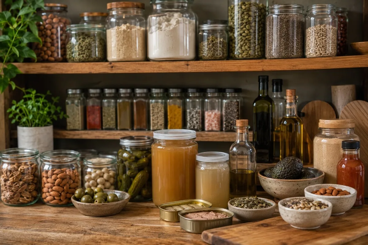 Keto pantry staples including almond flour, bone broth, olive oil, nuts, seeds, olives, pickles, canned fish, spices, and low-carb cooking ingredients arranged on kitchen shelves