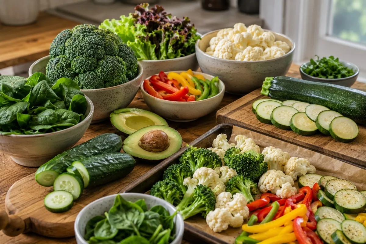 Fresh low-carb vegetables for keto including broccoli, cauliflower, zucchini, spinach, avocado, cucumbers, and bell peppers prepared for simple keto meals