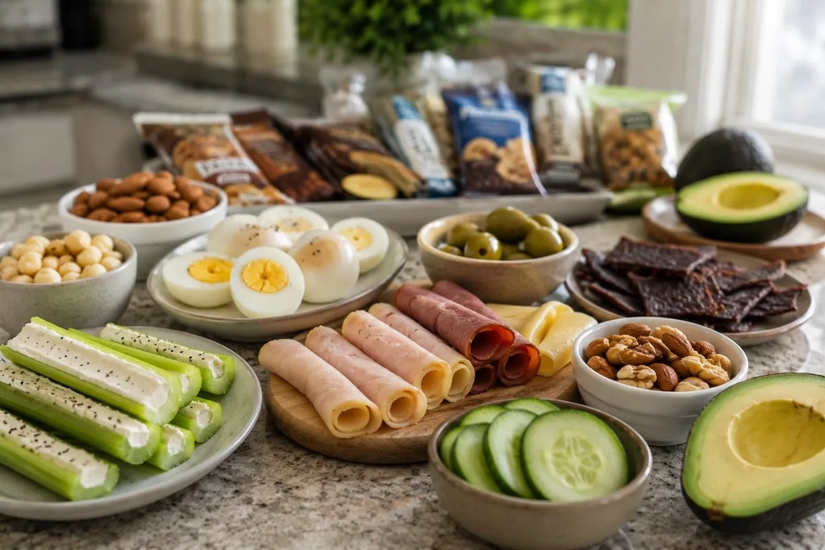 Simple keto snacks that help instead of hurt including hard-boiled eggs, cheese roll-ups, olives, celery with cream cheese, nuts, beef jerky, cucumbers, and avocado on a kitchen counter