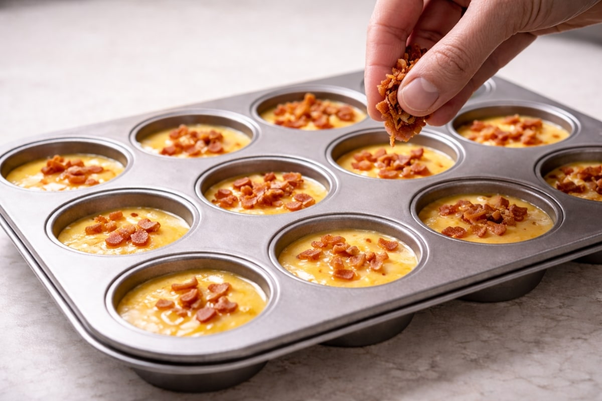 adding bacon to egg filled muffin tin