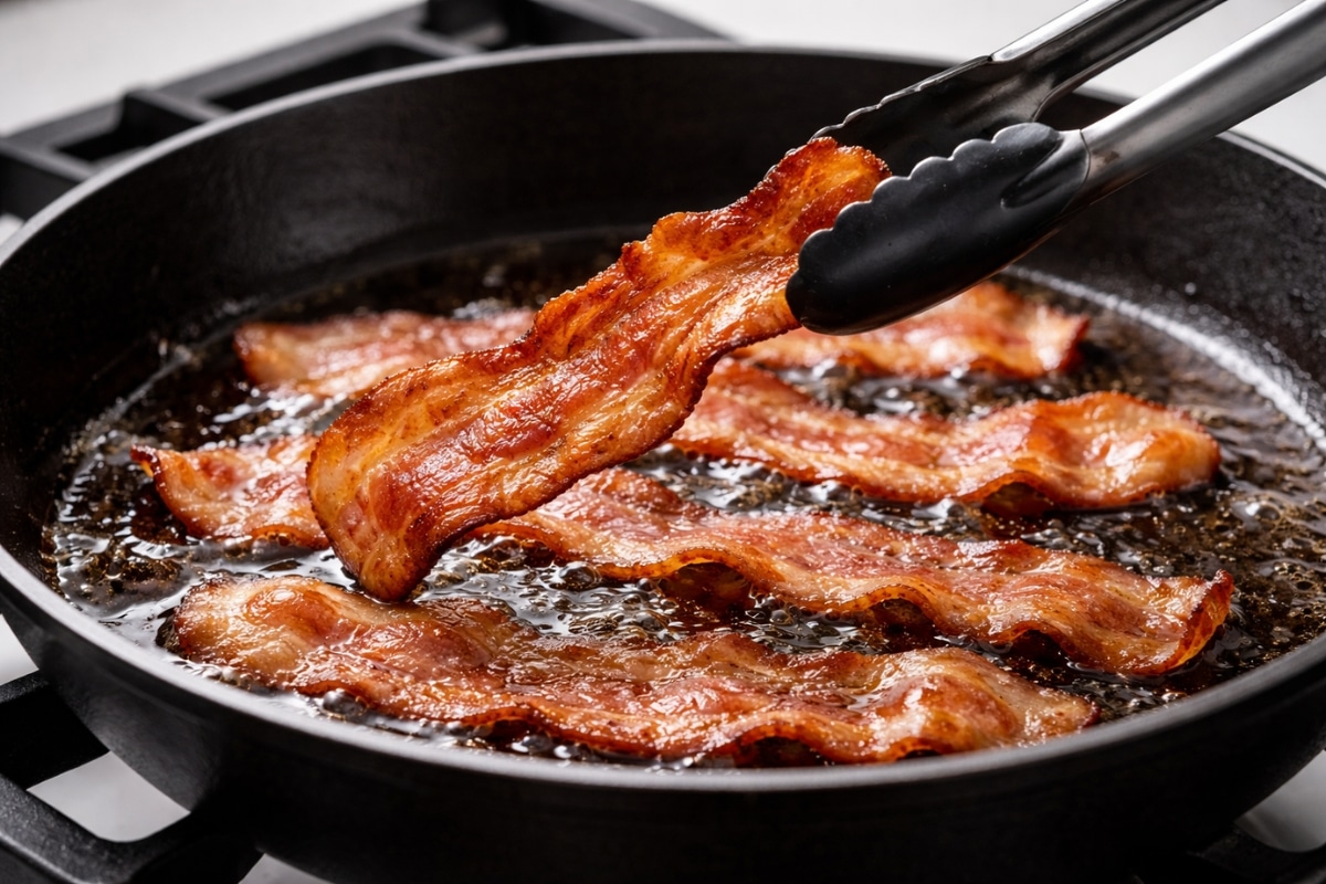 crispy bacon cooking in a skillet with tongs lifting a slice, golden brown edges and bubbling fat visible
