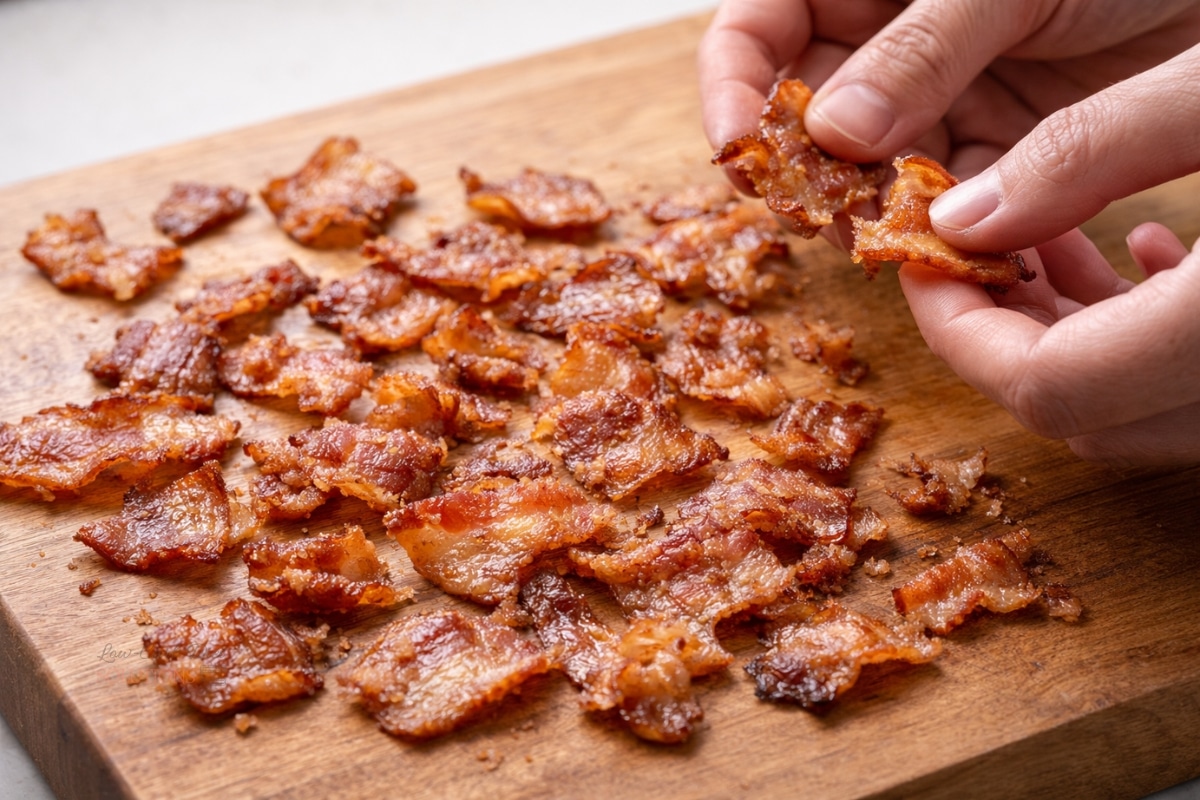 crispy bacon broken pieces cutting board