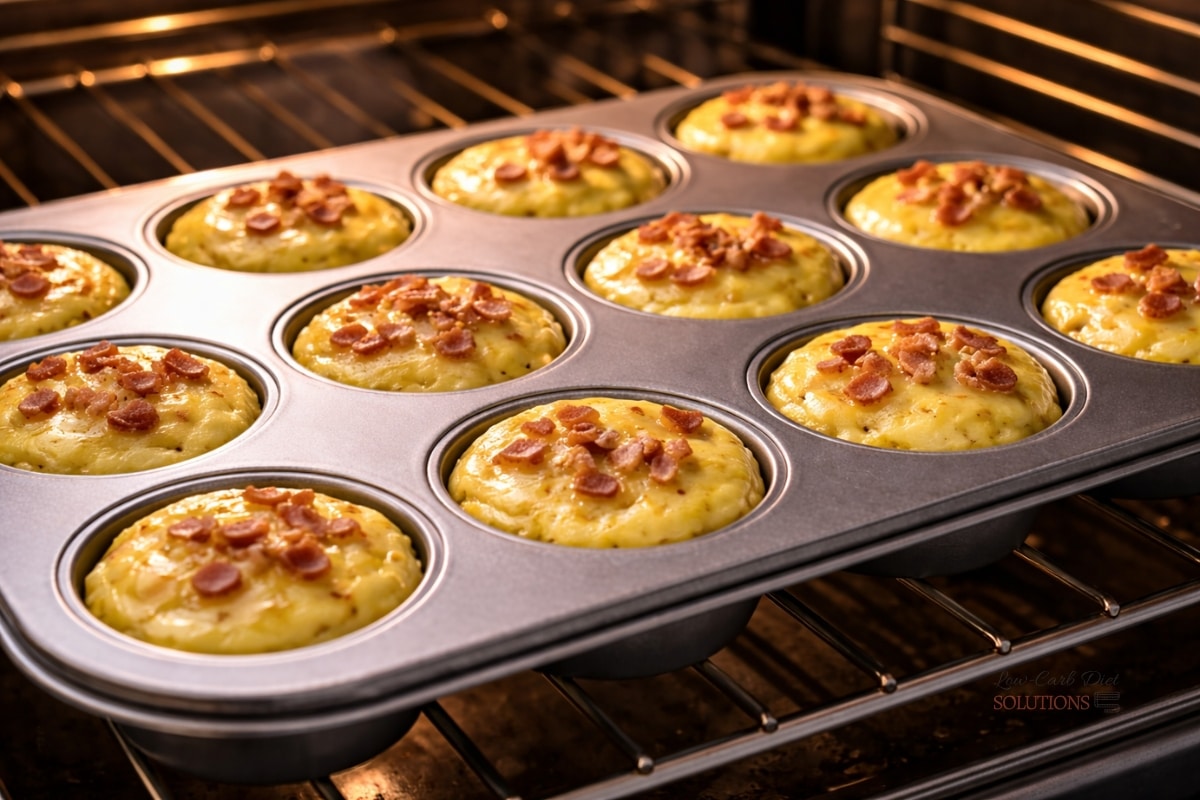 Egg and bacon cups baking in a muffin tin inside the oven, tops golden and set with visible crispy bacon piece