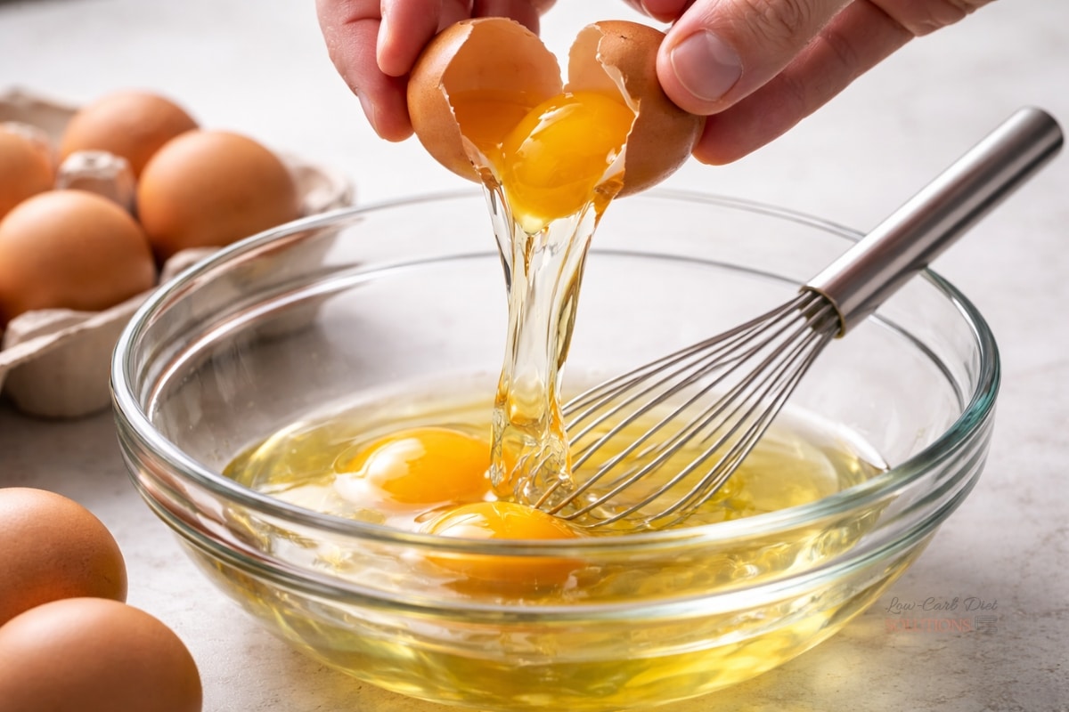 Egg being cracked into a glass mixing bowl with yolk and whites falling in, whisk resting inside and whole eggs nearby