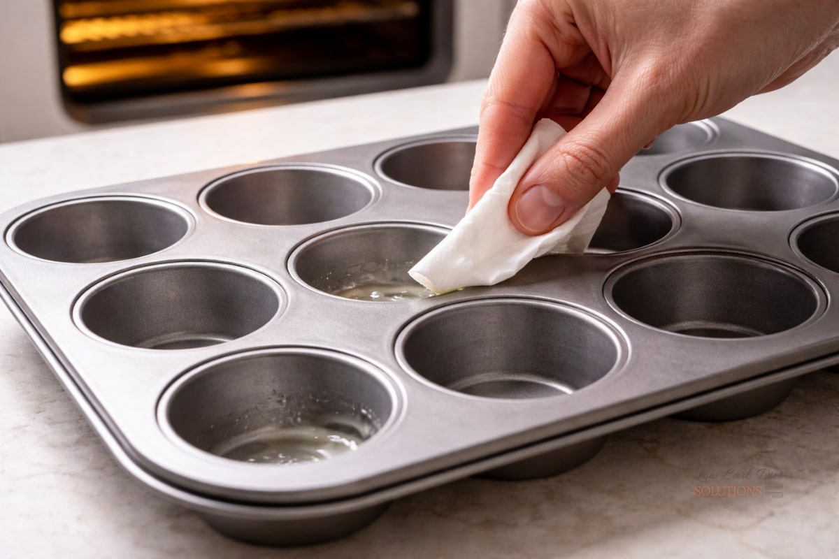 Muffin tin being greased with oil using a paper towel, oven glowing in the background during preheating