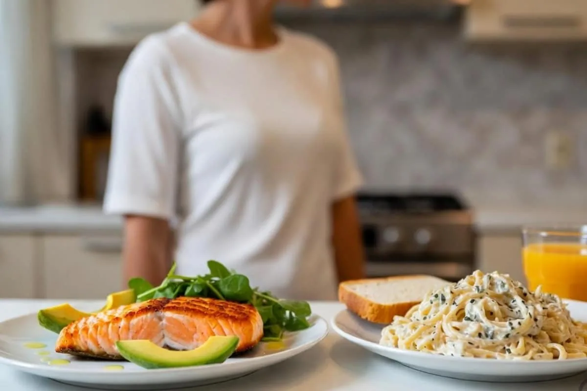 Person choosing between keto meal with salmon avocado and salad and high carb meal with pasta bread and juice