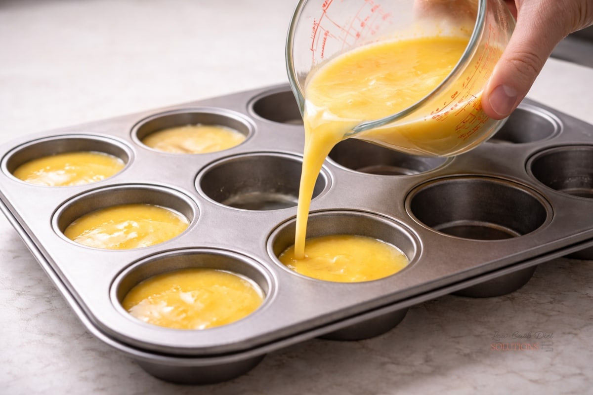 Whisked eggs being poured from a measuring cup into a greased muffin tin, filling cups evenly on a kitchen counter