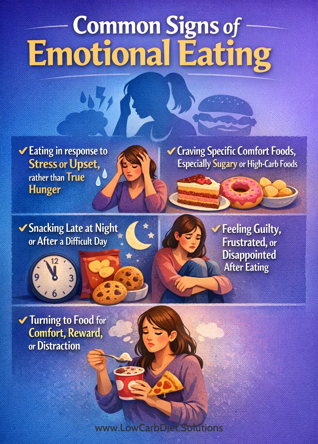 Infographic showing common signs of emotional eating, including stress eating, cravings for sugary or high-carb comfort foods, late-night snacking, guilt after eating, and using food for comfort, reward, or distraction.