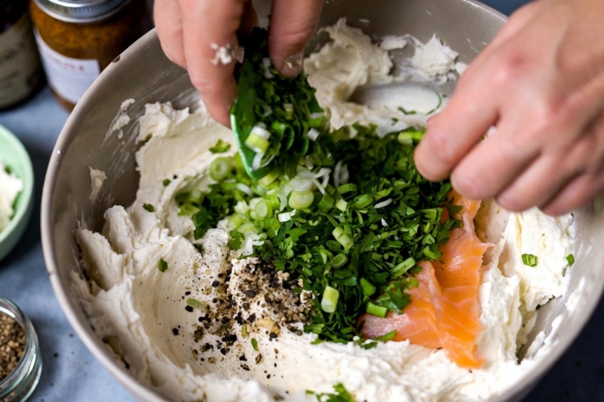 adding scallions parsley and smoked salmon to cream cheese for smoked salmon dip