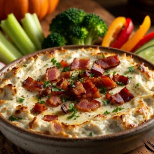 buttery bacon clam dip with fresh low-carb vegetables for keto-friendly Thanksgiving appetizers