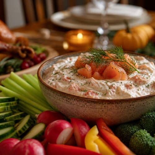 creamy smoked salmon dip with fresh vegetables as keto-friendly Thanksgiving appetizer