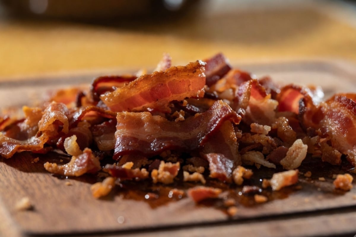 crispy bacon crumbles on a wooden cutting board for bacon clam dip