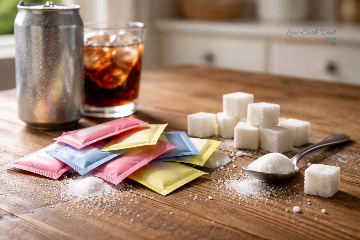 Artificial sweetener packets, sugar cubes, and a spoon on a kitchen table illustrating sugar cravings and the potential dangers of artificial sweeteners.