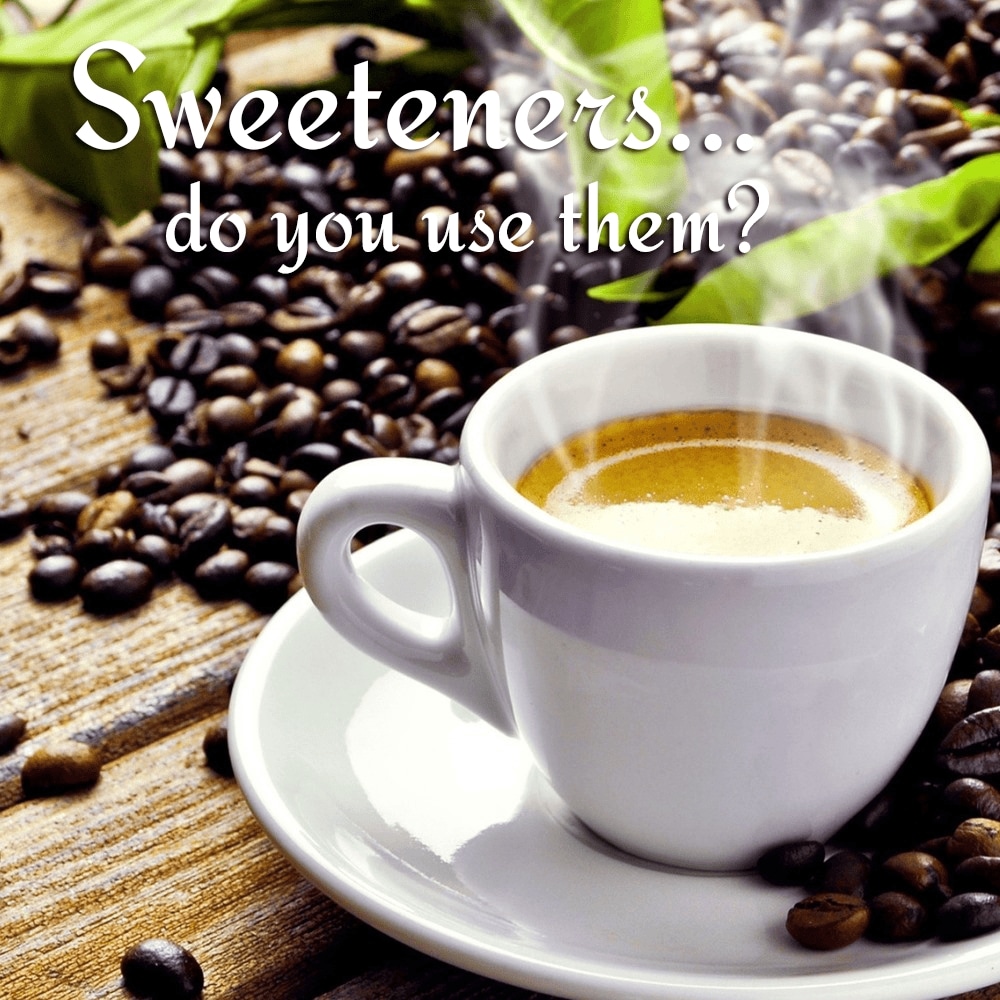 Coffee cup surrounded by coffee beans asking if artificial sweeteners are used, illustrating the dangers of artificial sweeteners in daily habits.