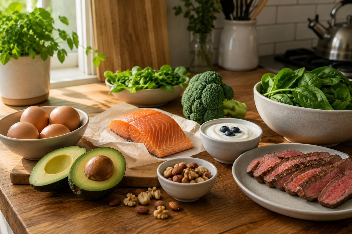Low-carb whole foods including salmon, eggs, avocado, steak, nuts, spinach, and Greek yogurt on a kitchen counter
