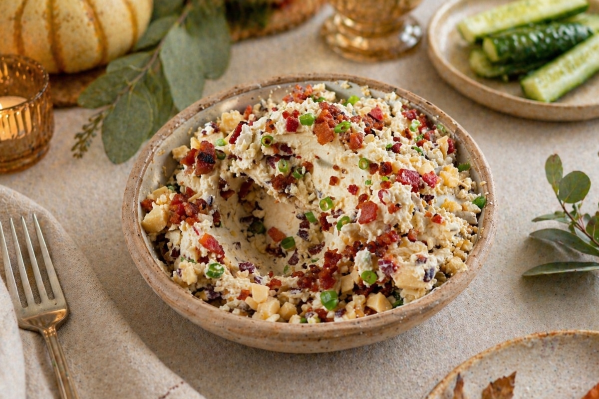 Low-carb bacon macadamia cream cheese spread in a ceramic bowl with crispy bacon, macadamia nuts, and green onions, served with cucumber slices
