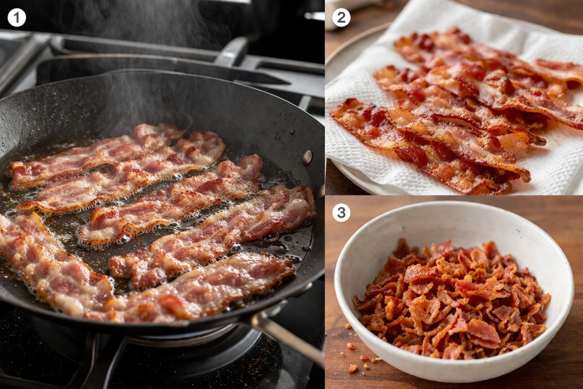 Cooking bacon in a pan until crispy, then draining and crumbling into small pieces for low-carb bacon macadamia spread
