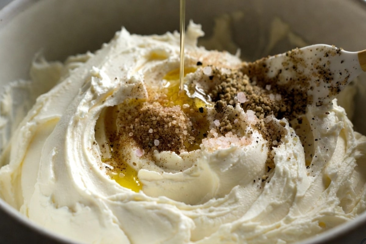 Adding sesame oil and seasonings to smoothly stirred cream cheese for low-carb bacon macadamia spread