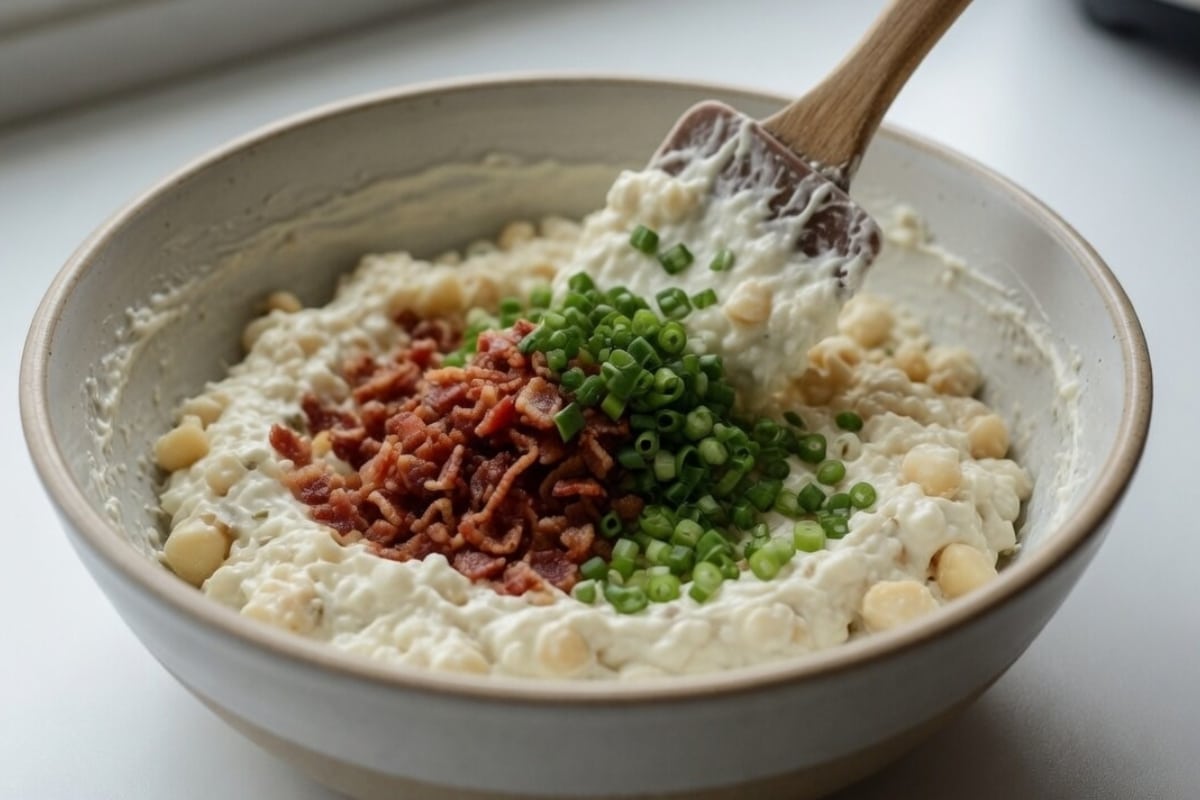 fold bacon and spring onions into macadamia cream cheese spread