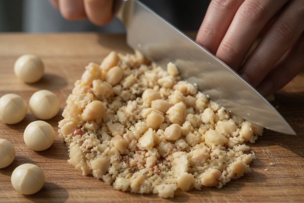 inely chopping macadamia nuts on a cutting board for low-carb bacon macadamia spread