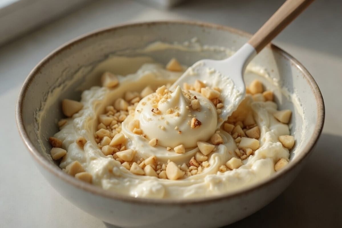 Stirring mayonnaise into cream cheese mixture until smooth for low-carb bacon macadamia spread