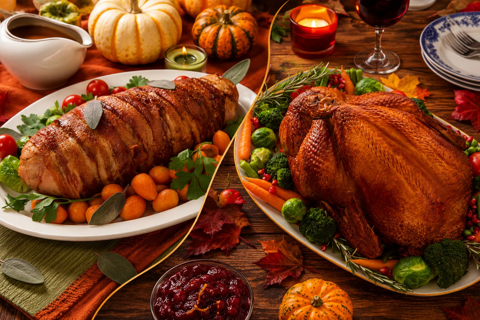 Two keto-friendly Thanksgiving turkey recipes: a bacon-wrapped turkey roll and a whole roasted turkey