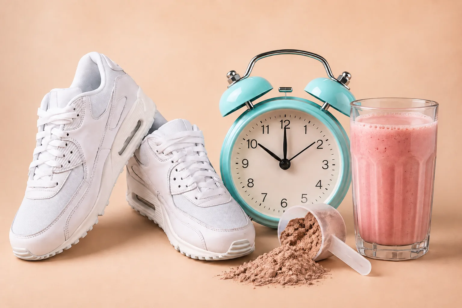 White trainers, an alarm clock, a scoop of protein powder and a protein shake