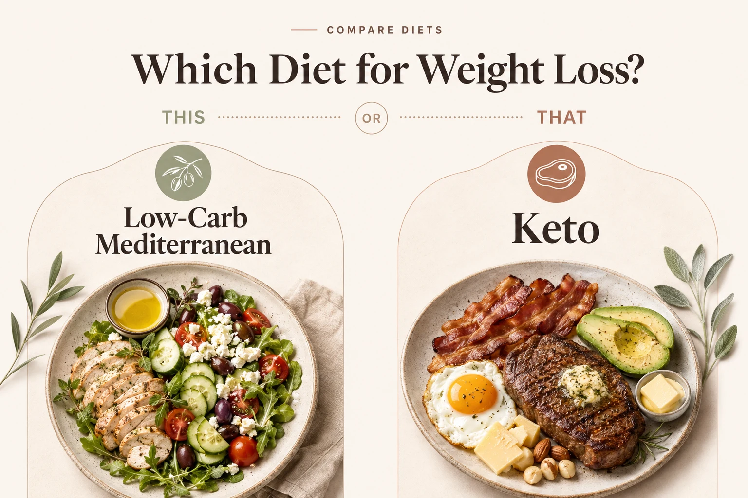 Which diet for weight loss? Low-carb Mediterranean, shown as a chicken and feta salad, or keto, shown as steak, bacon, egg and avocado