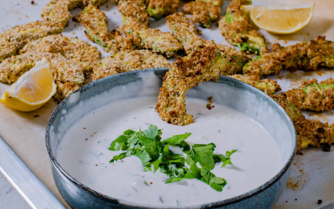 Garlic Parmesan Baked Avocado Fries with Lemon Dip