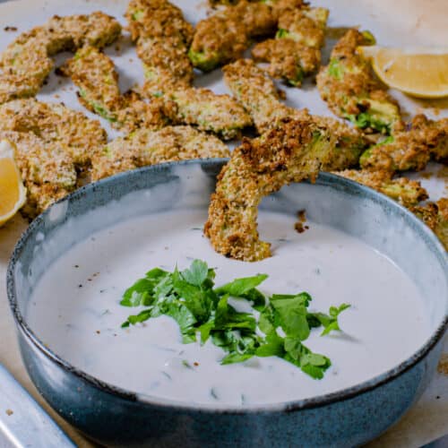 Garlic Parmesan Baked Avocado Fries with Lemon Dip ready to serve