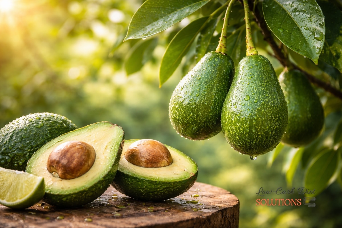Fresh avocados on tree with halved avocado showing creamy texture in natural light for healthy low carb recipes