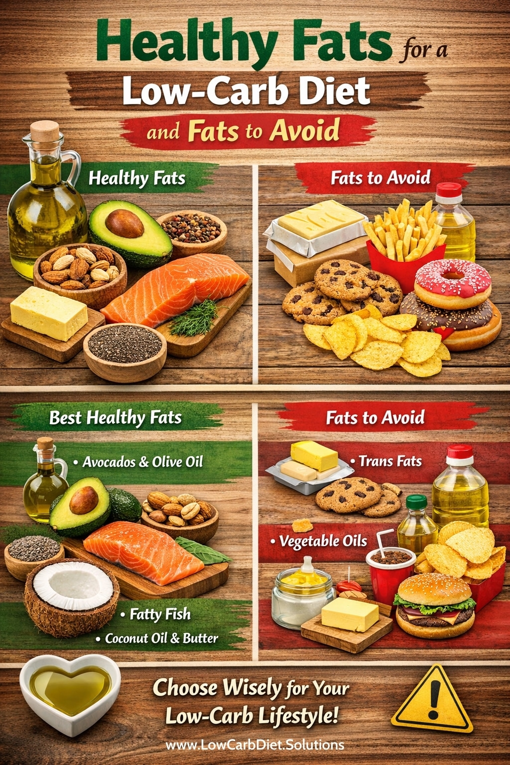 Healthy fats for low-carb diet and fats to avoid comparison infographic showing avocados, olive oil, nuts, salmon and processed foods