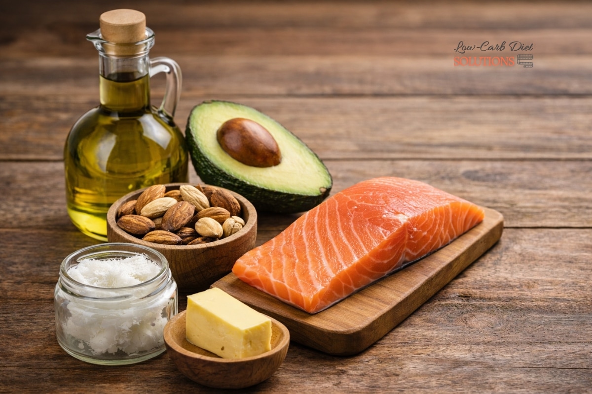 Healthy fats for low-carb diet including salmon, avocado, olive oil, nuts, butter and coconut oil on a wooden table.