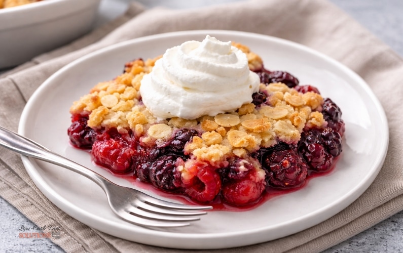 Keto raspberry and blackberry cobbler served on a plate with whipped cream and fork