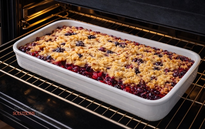 Low-Carb Raspberry & Blackberry Cobbler baking in a white ceramic dish inside the oven with a golden crumble topping and bubbling berry filling